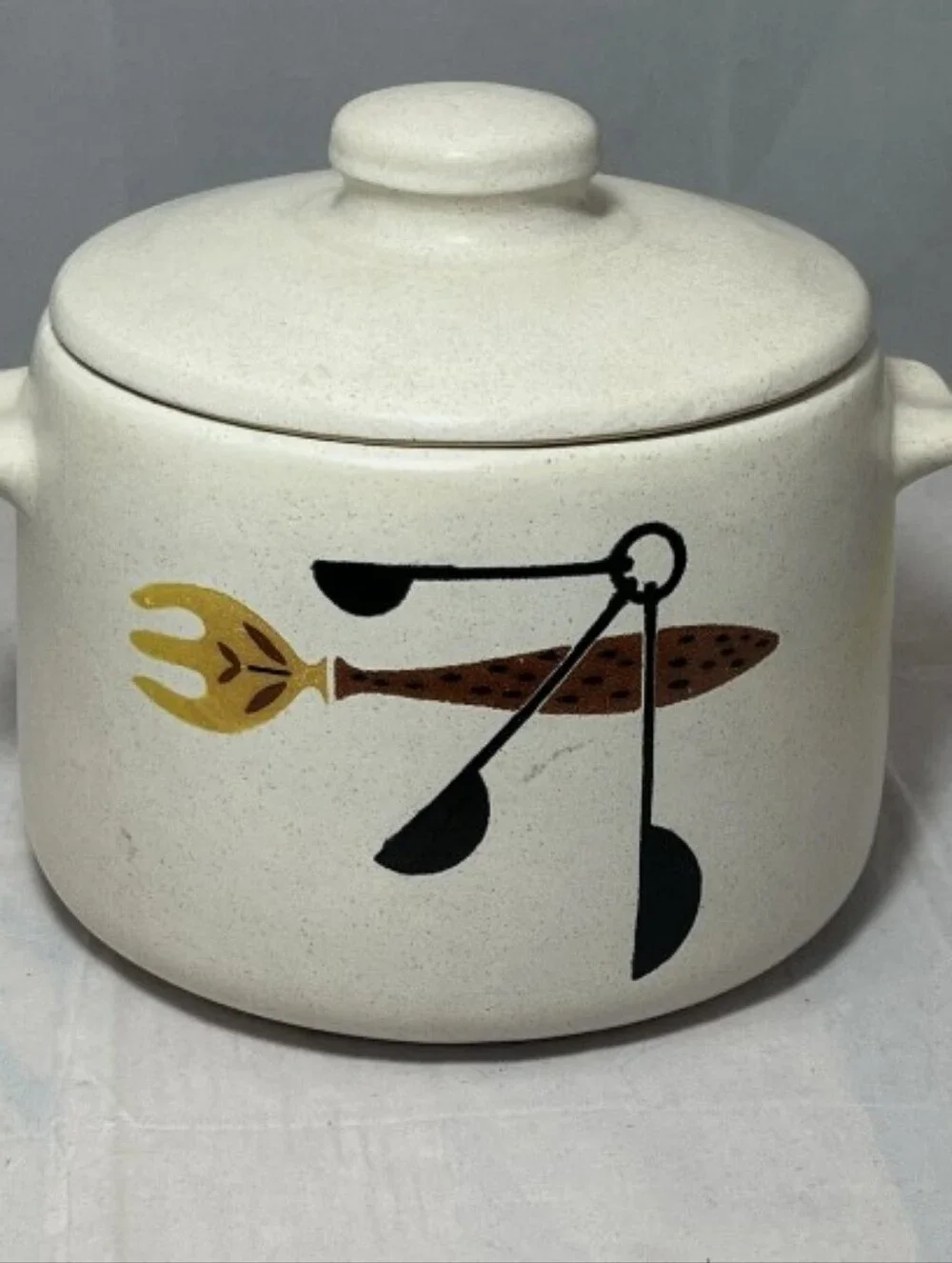 Cream Stoneware Covered Bean Dish with Spoon & Fork Motif